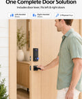 User engaging the Top Shelf Matte Black Wifi Smart Lock With Fingerprint Keyless Entry And Lever Handles on a door.