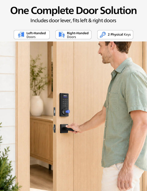 User engaging the Top Shelf Matte Black Wifi Smart Lock With Fingerprint Keyless Entry And Lever Handles on a door.