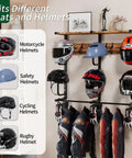 Heavy Duty Wall Mounted Helmet Rack With Six J Hooks And Six Clip Hooks Holds Six Helmets And Gear in garage setting