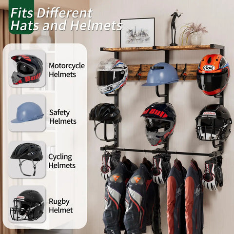 Heavy Duty Wall Mounted Helmet Rack With Six J Hooks And Six Clip Hooks Holds Six Helmets And Gear in garage setting