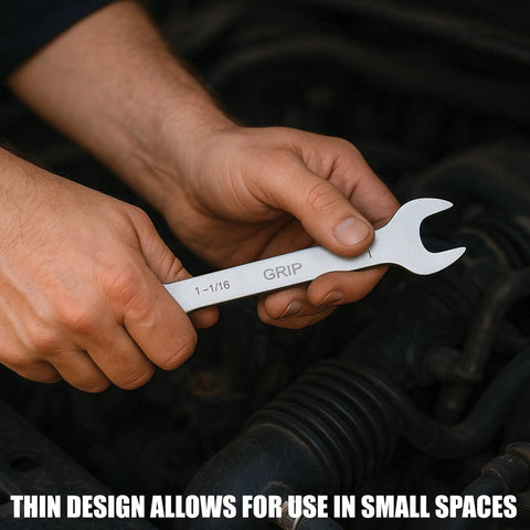Hands using Ultra Thin Open End Wrench Set, 7 Piece Wrenches With 1/8 Inch Thickness, 1-1/16 size, chrome-plated for tight spaces