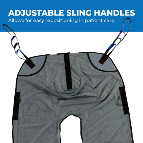 Full Body Mesh Commode Sling Patient Aid Designed For Hoyer Lifts With Four Positioning Straps, featuring adjustable handles for easy repositioning.