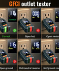 Plug And Play Circuit Breaker Finder With GFCI Outlet Tester showing various outlet statuses like correct, open hot, and open neutral.