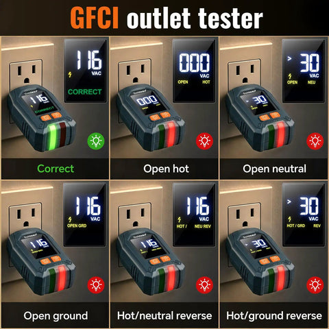 Plug And Play Circuit Breaker Finder With GFCI Outlet Tester showing various outlet statuses like correct, open hot, and open neutral.