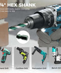 12-piece Masonry Drill Bit Set (1/8–9/16 in) with four-blade tungsten carbide bits, 1/4 in hex shank, green storage case