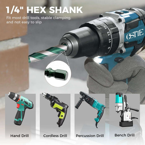 12-piece Masonry Drill Bit Set (1/8–9/16 in) with four-blade tungsten carbide bits, 1/4 in hex shank, green storage case