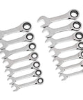 14 Piece 12 Point Stubby Ratcheting Wrench Set With SAE And Metric Sizes Narrow Head For Tight Spaces Off Corner Load Grip 5 Degree Ratcheting Action Durable Alloy Construction displayed