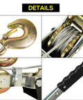 Detailed view of heavy duty 5 ton come along winch with 10 ft steel cable, dual gear, and 3 hooks for off road use.