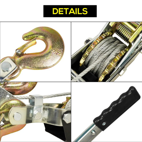 Detailed view of heavy duty 5 ton come along winch with 10 ft steel cable, dual gear, and 3 hooks for off road use.