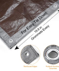 Close-up of 16 Ft By 20 Ft Heavy Duty Poly Tarp with reinforced edges, rustproof aluminum grommets, and silver brown color.