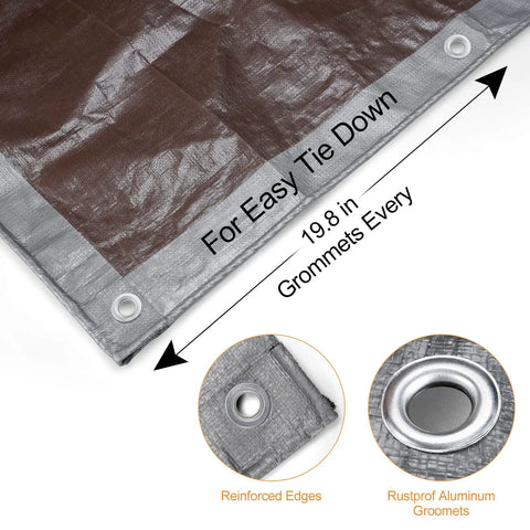 Close-up of 16 Ft By 20 Ft Heavy Duty Poly Tarp with reinforced edges, rustproof aluminum grommets, and silver brown color.