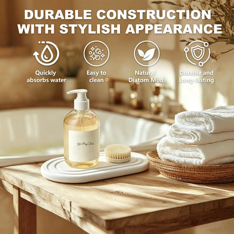 Natural Diatomite Water Absorbing Stone Tray Set Of Two Quick Drying Countertop Catcher For Kitchen Sink And Bathroom Vanity Total Drip Catcher Soap Holder Mat on wooden bathroom countertop.