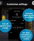 Phone screen with Cync Smart LED Bulbs app for customizing outdoor floodlight schedules, displays features of automatic light control.