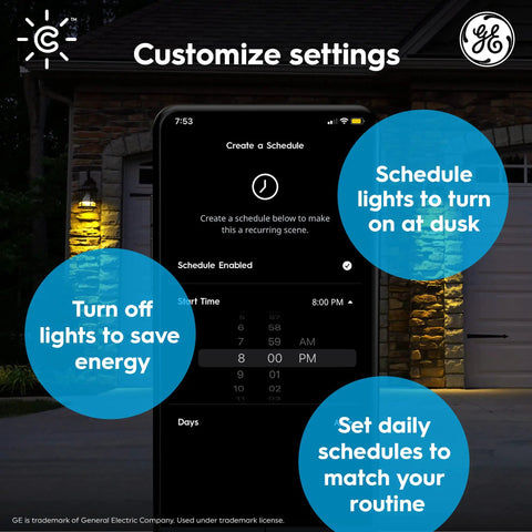 Phone screen with Cync Smart LED Bulbs app for customizing outdoor floodlight schedules, displays features of automatic light control.