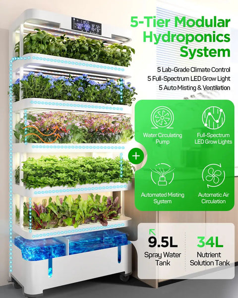 Five Tier Indoor Hydroponics Growing System Kit With Auto Misting Full Spectrum Grow Light Smart Climate Control Vertical Herb Garden