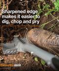 Close-up of 60-Inch Pro Garden Shovel for Digging with heavy-duty steel blade in soil, ergonomic handle visible, shoe pressing on spade.