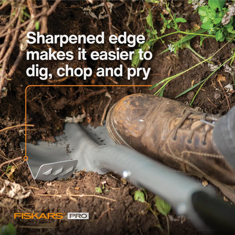 Close-up of 60-Inch Pro Garden Shovel for Digging with heavy-duty steel blade in soil, ergonomic handle visible, shoe pressing on spade.