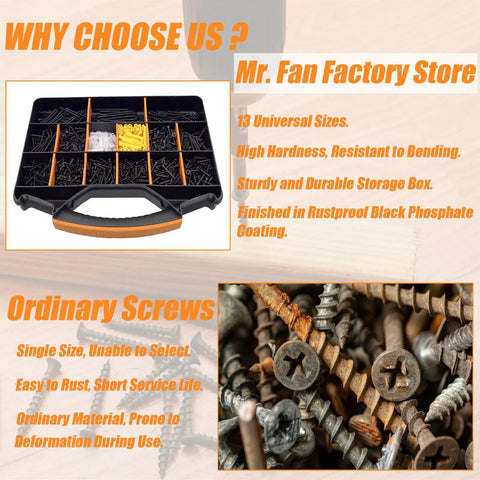 Ultimate Wood Screws Assortment Kit with durable case, 13 sizes, and rustproof coating. Ordinary screws shown rusted.
