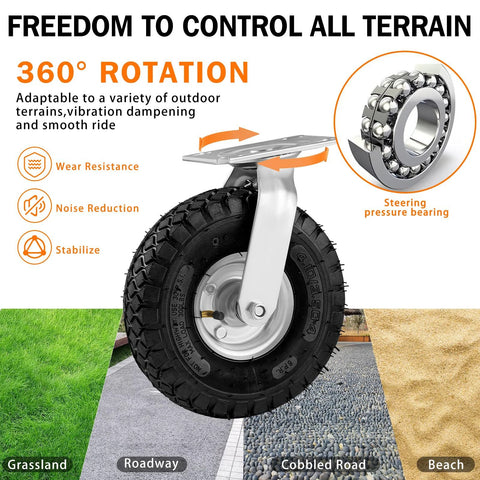 8 Inch Pneumatic Casters 4 Pack with 2 Swivel and 2 Rigid Heavy Duty Wheels 1200 Lbs Capacity on multiple terrains illustration