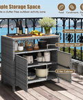 Rattan Storage Cabinet With Acacia Wood Countertop For Patio Or Garden, Open Shelf And Double Door Cabinet, wicker style.