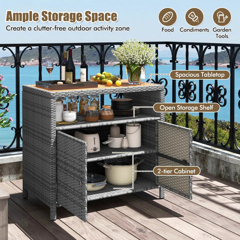 Rattan Storage Cabinet With Acacia Wood Countertop For Patio Or Garden, Open Shelf And Double Door Cabinet, wicker style.
