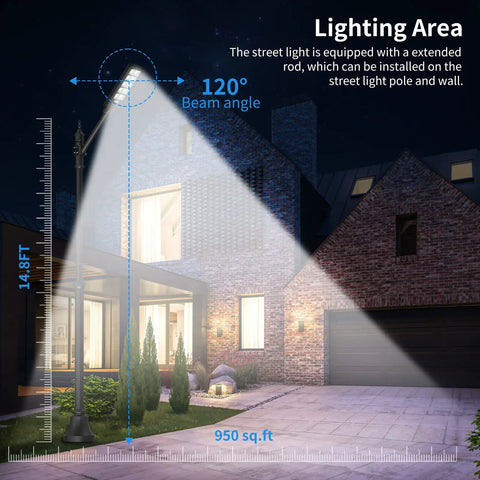 Solar Street Lights Outdoor With Motion Sensor 900 LED 6000K White illuminating house front with 120° beam angle at night.