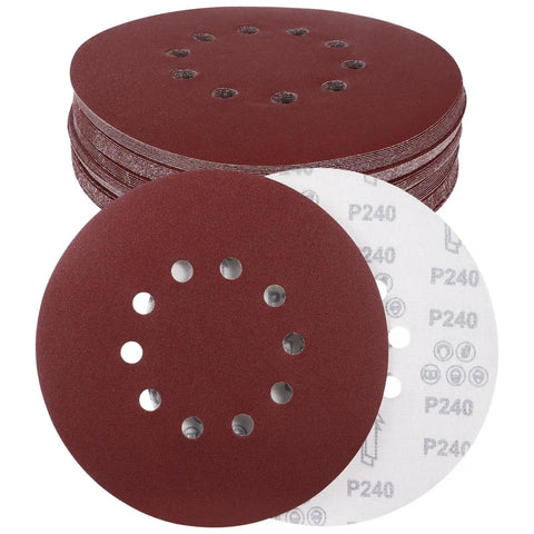 Top 50 Pack Professional Sanding Discs For Drywall Sander And Woodworking Tasks With 60 To 240 Grit Aluminum Oxide Paper in 9-inch size with dust holes.