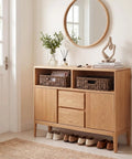 Large Wicker Storage Basket For Shelves And Pantry In Brown Water Hyacinth, 1 Pack on a wooden cabinet with decorations