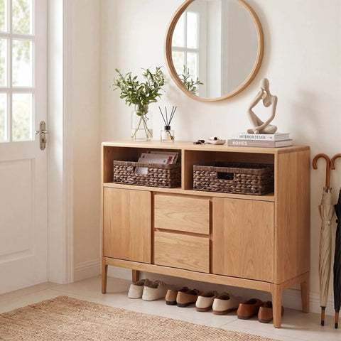 Large Wicker Storage Basket For Shelves And Pantry In Brown Water Hyacinth, 1 Pack on a wooden cabinet with decorations