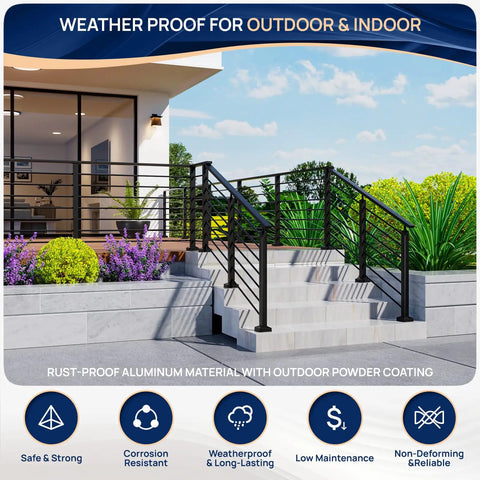 Flat Out Durable Aluminum Railing Post 35 X 2 X 2 Inch Middle Brace For Horizontal Deck Guard Rails installed on steps.