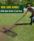 Man using Heavy Duty 45 Inch Lawn Leveling Rake with 72 Inch Handle for ground leveling on grass