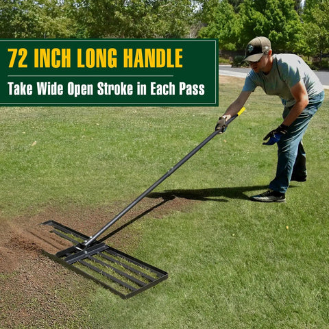 Man using Heavy Duty 45 Inch Lawn Leveling Rake with 72 Inch Handle for ground leveling on grass
