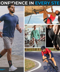 Individuals wearing Unisex Ankle Support Brace For Sprained Ankle, Stabilizer Sleeve For Women And Men, Achilles Tendonitis Wrap, and Compression Sleeve For Running, Gym, Boxing, and All Sports, Black, Size L XL, during various sports activities.