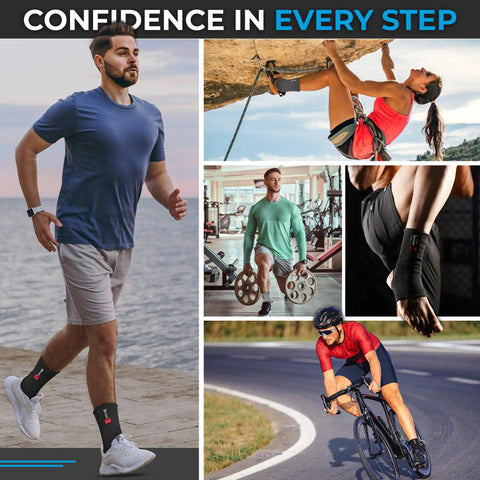 Individuals wearing Unisex Ankle Support Brace For Sprained Ankle, Stabilizer Sleeve For Women And Men, Achilles Tendonitis Wrap, and Compression Sleeve For Running, Gym, Boxing, and All Sports, Black, Size L XL, during various sports activities.