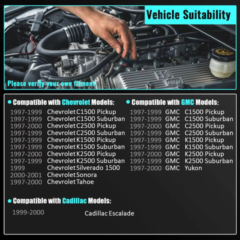 Vehicle compatibility chart for Heavy Duty Vacuum Power Brake Booster Top Shelf Replacement Drop Right In Fitment For Chevrolet Gmc C1500 C2500 K1500 K2500 Silverado Tahoe Suburban Pickup Models Years 1997 Thru 2001.