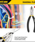 6 inch diagonal pliers cutting wires, featuring drop forged polished steel and double-dipped coating.