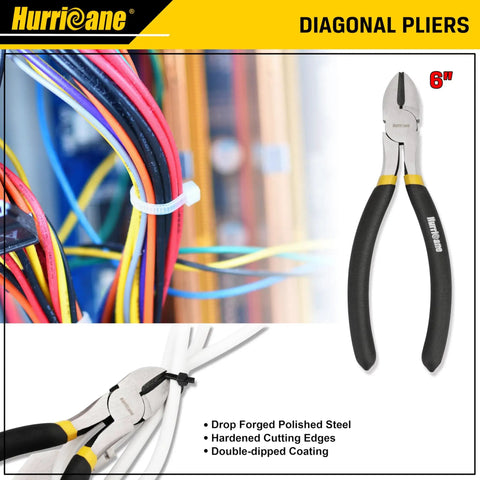 6 inch diagonal pliers cutting wires, featuring drop forged polished steel and double-dipped coating.