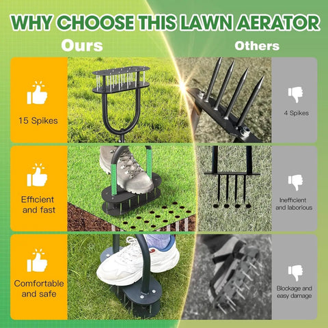 Comparison of Lawn Aerator Tool With 15 Iron Spikes For Quick Soil Aeration In Your Yard And Garden, Pre Assembled And Ready To Use
