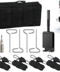 All In One Ice Anchor Tool Kit With 10 Pieces Including 4 Ice Screw Anchors, 4 Tent Guylines, 1 Drill Adapter, Bag Visible