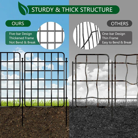 Comparison of Durable 30ft By 17in No Dig Garden Fence Border With 28 Panels and a thinner alternative, highlighting sturdy five-bar design.