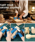 Beginner Wood Carving Kit With 23 Tools In PVC Case includes 3 whittling knives, 5 detail knives, basswood blocks on table