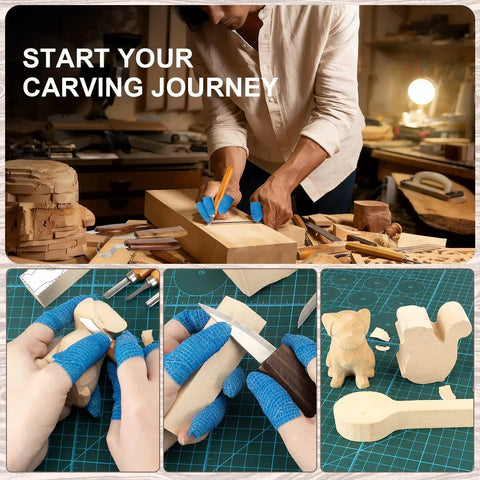 Beginner Wood Carving Kit With 23 Tools In PVC Case includes 3 whittling knives, 5 detail knives, basswood blocks on table