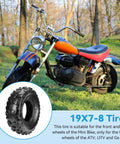 19x7-8 Tubeless Mini Bike Tire Replacement shown with mini bike on grassy field