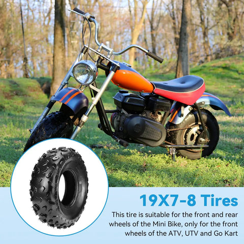 19x7-8 Tubeless Mini Bike Tire Replacement shown with mini bike on grassy field