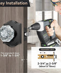 Five Pack Black Vintage Crystal Glass Door Knobs With Lock For Privacy Use Heavy Duty Zinc Alloy Backplates And Matte Finish Doorknob Set Ideal For Interior Doors Easy To Install And Durable Privacy Locking shown being installed on door with power drill and adjustable latch diagram.