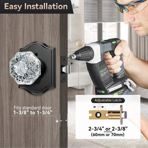 Five Pack Black Vintage Crystal Glass Door Knobs With Lock For Privacy Use Heavy Duty Zinc Alloy Backplates And Matte Finish Doorknob Set Ideal For Interior Doors Easy To Install And Durable Privacy Locking shown being installed on door with power drill and adjustable latch diagram.