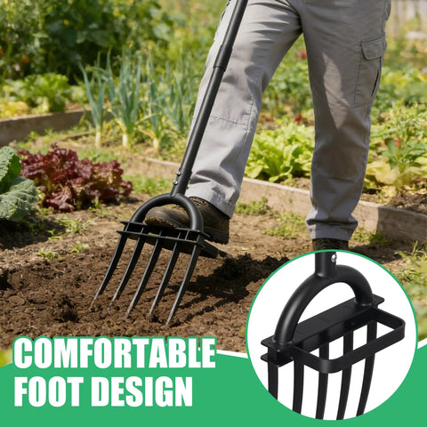 Heavy Duty 5 Tine Garden Fork With D Grip Handle 69 Inch Spading Fork in use for loosening soil, person demonstrating ergonomic grip