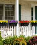 Six Pack Deck Railing Planter Boxes With Adjustable Brackets In Black For Flowers Herbs And Strawberries installed on porch railing