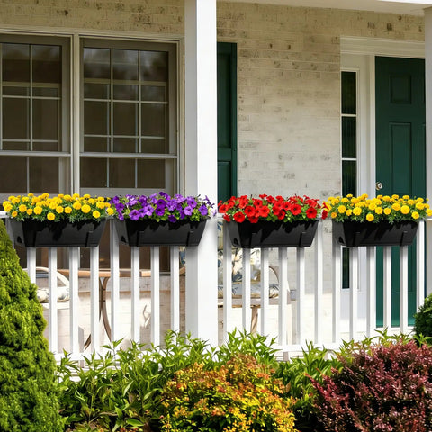 Six Pack Deck Railing Planter Boxes With Adjustable Brackets In Black For Flowers Herbs And Strawberries installed on porch railing