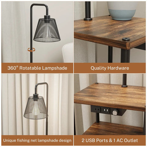 Floor Lamp With Integrated Table And USB Ports, Modern Bedside Nightstand End Table Floor Light For Living Room, Bulb Included, Black Finish, 2 USB Ports And Power Outlet For Easy Charging